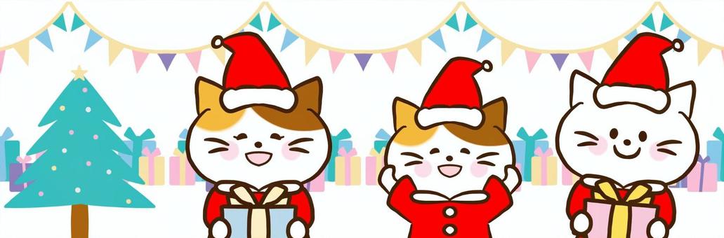 ヘッダー、ねこの親子クリスマス ねこ,動物,クリスマス,パーティー,フラッグ,旗,衣装,冬,12月,楽しいのイラスト素材