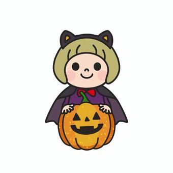 ハロウィンかぼちゃとコスプレした子ども2 ハロウィン,猫耳,コスプレ,マント,ジャックオランタン,橙,オレンジ,10月,行事,季節のイラスト素材