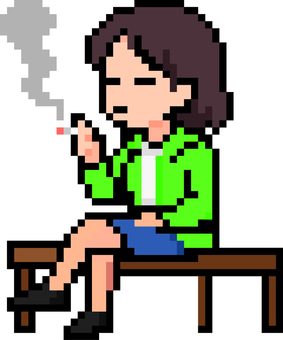 ドット絵の煙草で寛ぐ緑の女性です。 ドット絵,煙草,シンプル,寛ぐ,喫煙,リラックス,ベンチ,一服,休憩,ストレス解消のイラスト素材