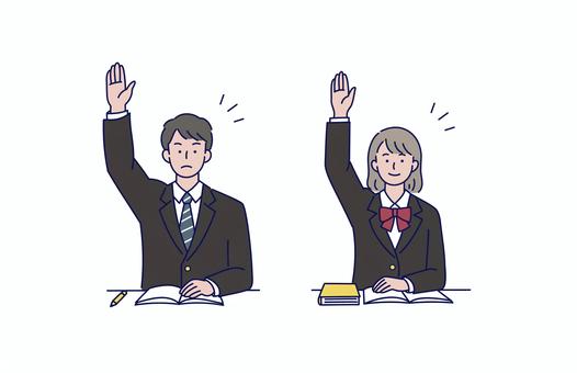 授業で挙手する制服姿の男女学生イラスト 学生,高校生,中学生,男女,ブレザー,ネクタイ,リボン,授業,勉強,挙手のイラスト素材