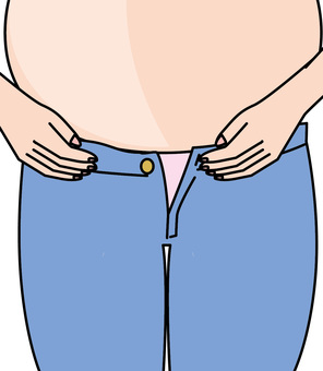 肥満太るズボン　 ぽっこり,お腹,肥満,太る,ズボン,デニム,キツイ,イメージ,手,人物のイラスト素材