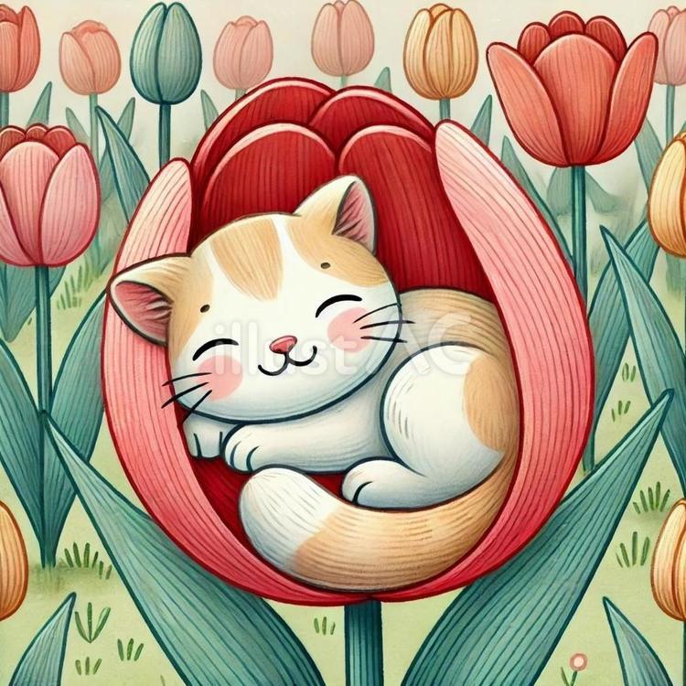 花びらの中で眠る猫 チューリップ,猫,眠るのイラスト素材