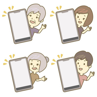 スマホと老若男女セット スマホ,スマートフォン,老若男女,男性,女性,高齢者,シニア,若者,楽しい,人物のイラスト素材