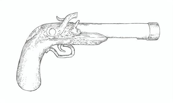 海賊が装備している銃の線画イラスト フリントロック,銃,昔,武器,手描き,リアル,モノクロ,挿絵,白バック,線画のイラスト素材