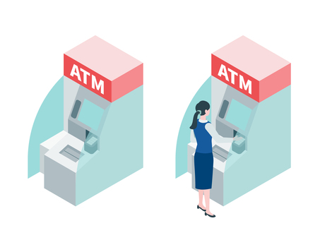 アイソメトリック_ATM操作中の女性 アイソメトリック,立体,アイソメ,斜め上,atm,銀行,機械,口座,振込,貯金のイラスト素材