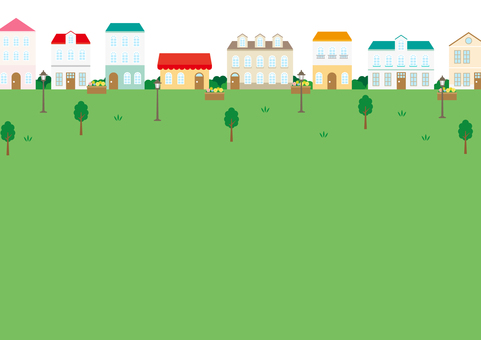 おしゃれで可愛い街並みのイラスト風景 おしゃれで可愛い街並みのイラスト風景 街,家,街灯,木,欧州,洋風,花壇,イラスト,風景,背景のイラスト素材