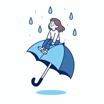 傘に乗って雨を眺める女の子 女の子,傘,雨,天気,雨具,雨粒,ファンタジー,梅雨,白背景,パステルのイラスト素材