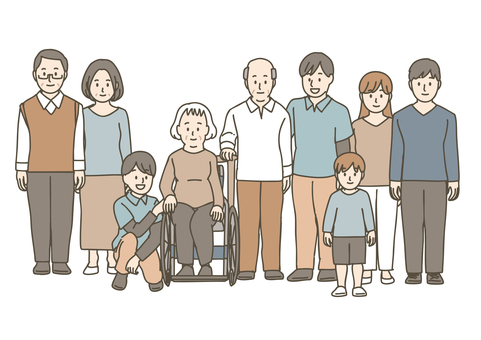 笑顔で並ぶ車椅子の祖母を含む三世代家族 家族,ファミリー,三世代,祖父母,両親,親子,高齢者,シニア,子ども,車椅子のイラスト素材