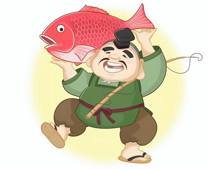 大きな鯛と恵比寿さま 恵比寿さま,鯛,大きい,釣竿,歩く,赤いのイラスト素材