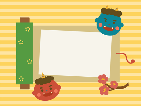 節分の可愛い鬼と巻物のフレームイラスト 節分,フレーム,枠,鬼,赤鬼,青鬼,巻物,節分の日,イラスト,かわいいのイラスト素材