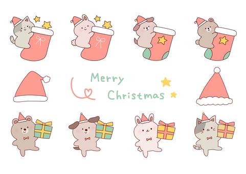 クリスマスセット クリスマス,靴下,プレゼント,猫,犬,うさぎ,くま,動物,サンタ,帽子のイラスト素材