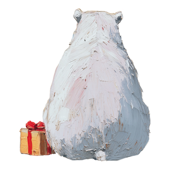 クリスマスプレゼントとシロクマの後ろ姿 クリスマス,後ろ姿,背中,厚塗り,油絵風,手描き,プレゼント,かわいい,動物,ほっこりのイラスト素材