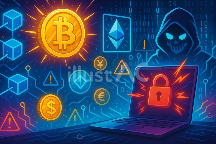 サイバー犯罪の危険にさらされる仮想通貨 暗号資産,ビットコイン,イーサリアムのイラスト素材