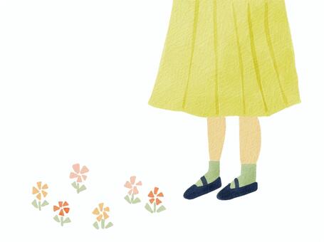 女の子とお花 女の子,女,女性,お花,花,フラワー,植物,スカート,黄色,イエローのイラスト素材