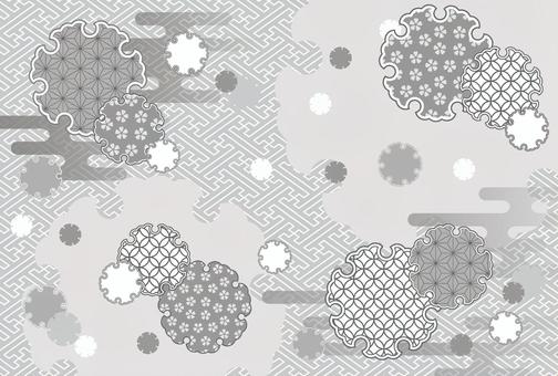 雪輪柄に伝統紋様をあしらった背景　グレー 背景,和風,和柄,雪輪,紗綾形,グレー,モノトーン,七宝,麻の葉,桜のイラスト素材