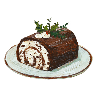 ブッシュドノエルのイラスト クリスマス,ブッシュドノエル,ケーキ,クリスマスケーキ,デザート,スイーツ,お菓子,油絵風,厚塗り,手描きのイラスト素材