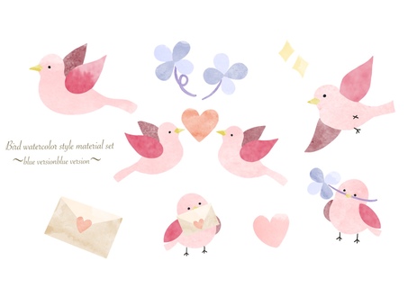 水彩風な可愛い小鳥の素材セット(ピンク) 鳥,可愛い,セット,水彩,動物,クローバー,ハート,手紙,飛ぶ,かわいいのイラスト素材