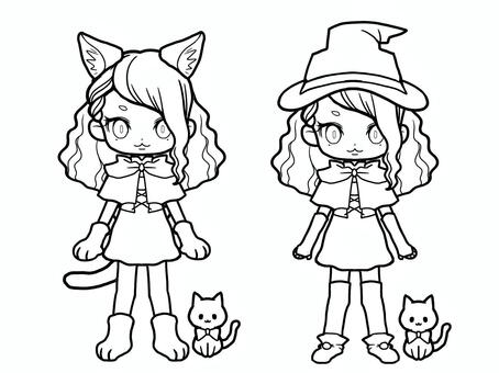 ぬり絵　ハロウィン　魔女　猫 ぬり絵,ハロウィン,女の子,紙人形,ペーパードール,魔女,白黒,モノクロ,おうち遊びのイラスト素材