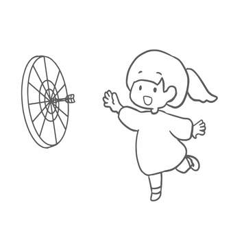 ダーツを楽しむ女の子（線画） 女の子,人物,かわいい,ワンポイント,ダーツ,線画のイラスト素材