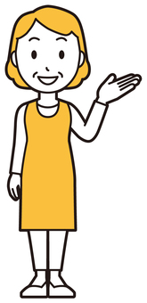  エプロンおばちゃん(黄)-026-全身 案内,笑顔,おばちゃん,エプロン,お母さん,ママ,中年,おばさん,主婦,人物のイラスト素材