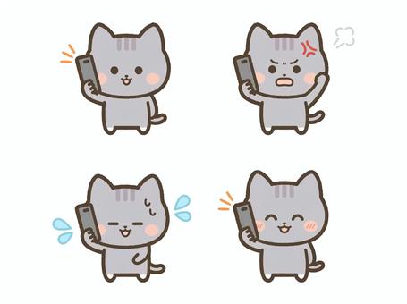電話するねこ（サバトラ）表情セット ねこ,電話,かける,スマホ,連絡,ニコニコ,焦る,謝る,謝罪,怒るのイラスト素材