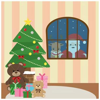 窓から部屋を覗くサンタクロースとトナカイ サンタクロース,クリスマス,クリスマスツリー,トナカイ,窓,ツリー,プレゼント,熊,クマ,ぬいぐるみのイラスト素材
