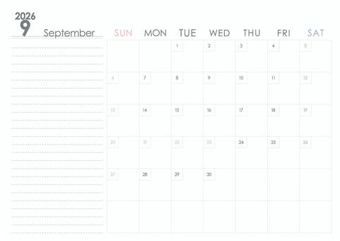2026年9月カレンダー カレンダー,手帳,日付,2026年,9月,デジタルプランナー,トラッカー,a4サイズ,日曜始まり,シンプルのイラスト素材