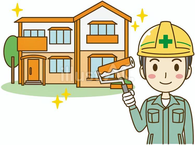 外壁塗装した住宅と男性塗装工＿リフォーム 塗装工,外壁,塗装のイラスト素材
