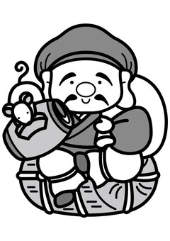 大黒天-2c 大黒天,七福神,神様,打ち出の小槌,米俵,袋,帽子,ネズミ,ヒゲ,笑顔のイラスト素材