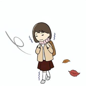 寒がりながら通学する小学生女児 寒い,寒がる,歩く,通学,下校,帰宅,木枯らし,北風,少女,女児のイラスト素材