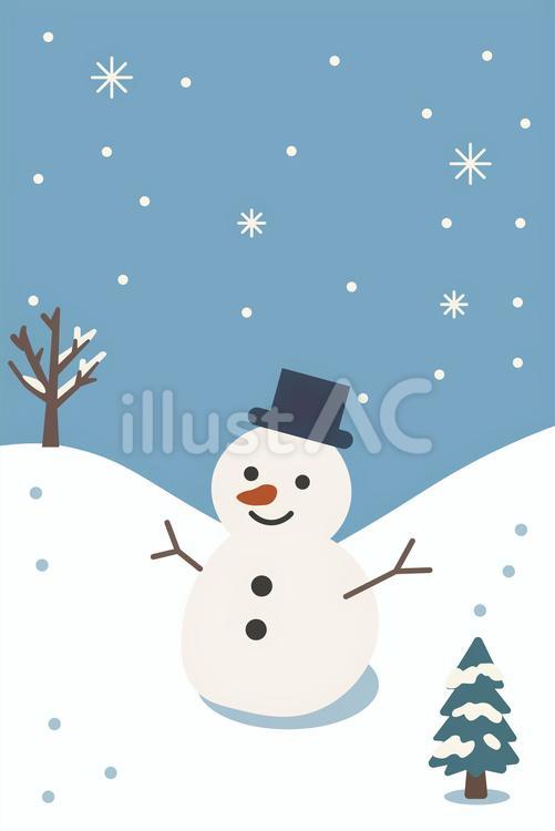 冬の景色と雪だるまのイラスト 冬,雪,雪だるまのイラスト素材