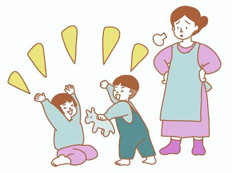 子供達がうるさくて疲れる母親 子供,姉弟,女の子,男の子,遊ぶ,うるさい,騒ぐ,大声,母親,お母さんのイラスト素材