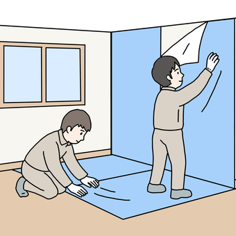 養生施行をする作業員 養生,作業員,リフォーム,床保護,工事現場,施行準備のイラスト素材