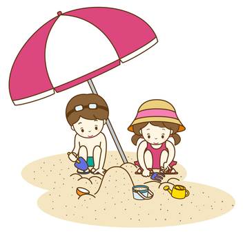 海水浴場　砂浜で遊ぶ二人1 海水浴,海水浴場,砂浜,レジャー,子供,遊ぶ,遊び,楽しい,夢中,幼いのイラスト素材