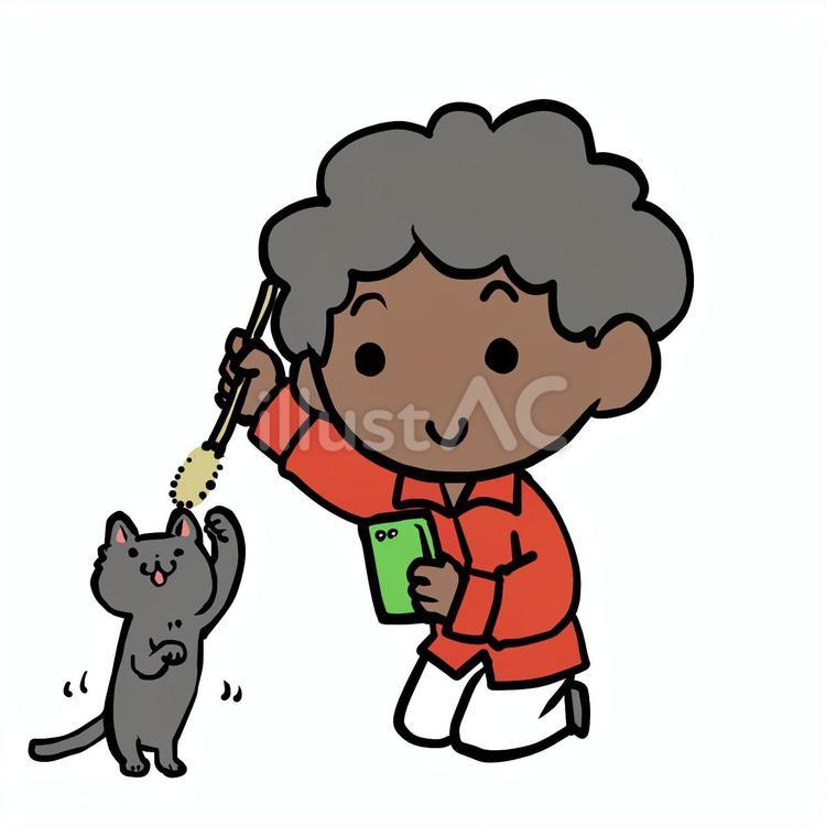 猫をじゃらすアフロ男性 アフロ,猫,じゃらすのイラスト素材
