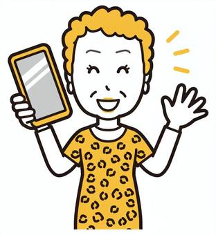  大阪のおばちゃん(黄)-196-バスト スマホ,おばちゃん,大阪,ヒョウ柄,おばはん,中年,女性,関西,派手,おばさんのイラスト素材