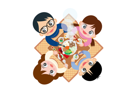 家族団らん鍋料理 家族,パパ,ママ,子ども,こたつ,鍋,笑顔,冬のイラスト素材