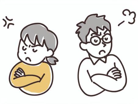 喧嘩して背を向け合う夫婦 怒る,夫婦喧嘩,女性,人物,主婦,奥さん,ギャグ,コミカル,ゆるい,手描きのイラスト素材