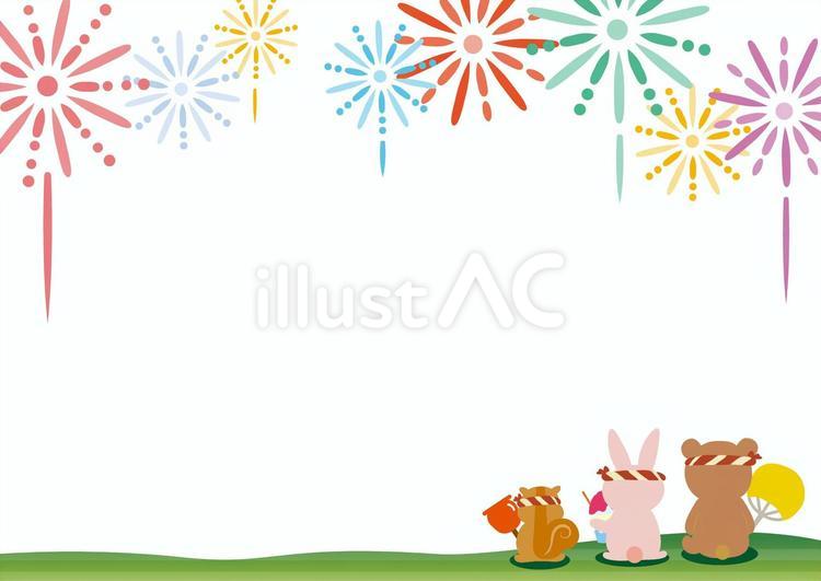 花火を見る動物たち（後ろ）横（背景なし） 花火,フレーム,祭りのイラスト素材