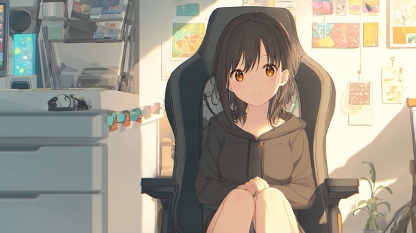 ゲーミングチェアに座る黒パーカーの少女