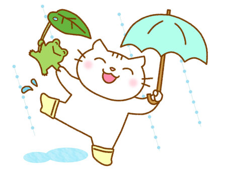 Rainy fun frog and white cat, JPG and PNG Rainy fun frog and white cat, cat, white cat, a frog, JPG and PNG