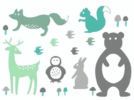 森の動物たちのシルエットイラスト 動物,森,シルエット,シンプル,かわいい,おしゃれ,ナチュラル,北欧風,きつね,しかのイラスト素材