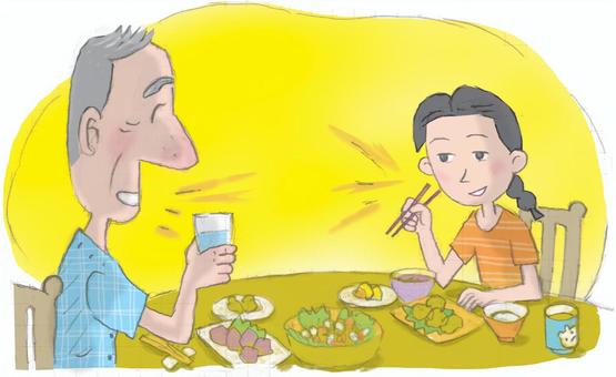 おじいさんとの会話 会話,食事,会食,楽しい,夏休み,田舎,おじいさん,孫,人物,生活のイラスト素材