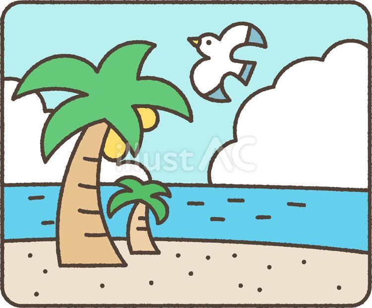 ヤシの木と海とかもめのイラスト ヤシの木,海,入道雲のイラスト素材