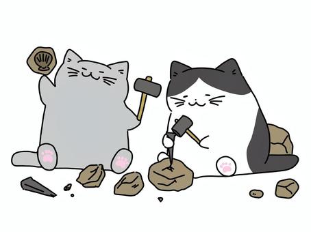 化石採集をする猫 猫,動物,手書き,かわいい,ゆるい,化石のイラスト素材