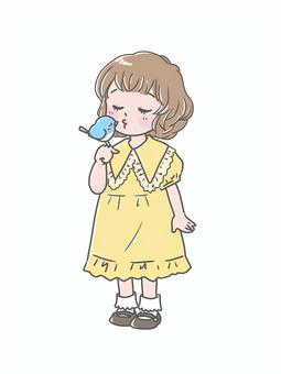 青い鳥と少女 1 青い鳥と少女 1 女の子,ことり,青い鳥,キス,ワンピース,くせ毛,白人のイラスト素材