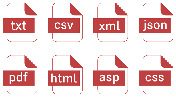 テキスト関連のファイルアイコン 赤 txt,csv,xml,json,pdf,html,asp,css,ファイル,アイコンのイラスト素材