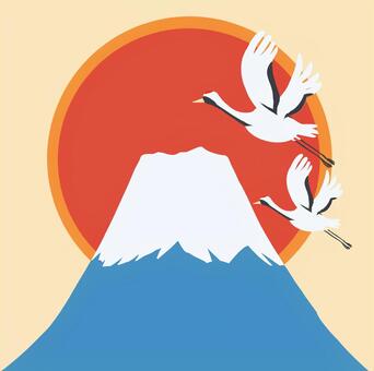 富士山と日の出と鶴の年賀状イラスト 富士山,初日の出,鶴,縁起物,年賀状,太陽,夫婦,2羽,朝,和風のイラスト素材