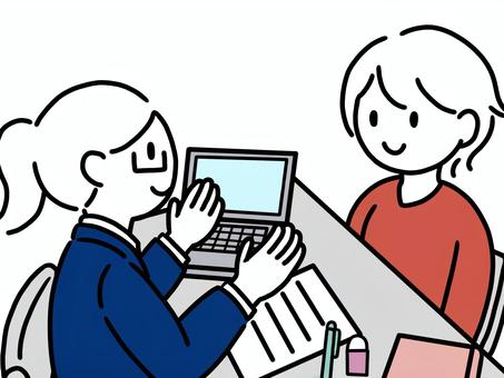相談しているイラスト 相談窓口,役所,福祉相談員,窓口職員,来庁者,利用者,福祉相談,子育て支援,公的支援のイラスト素材