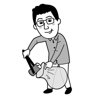 ゴミ拾いをする男性3_モノクロ ゴミ拾い,清掃,ゴミ,掃除,地域,ボランティア,空き缶,トング,ゴミ袋,クリーンのイラスト素材